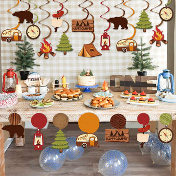 Levfla 30CT Happy Camper Party Hanging Swirls Decoration Camping Kids Birthday Photo Props Ideas Tent Cutouts Adventure SMore W