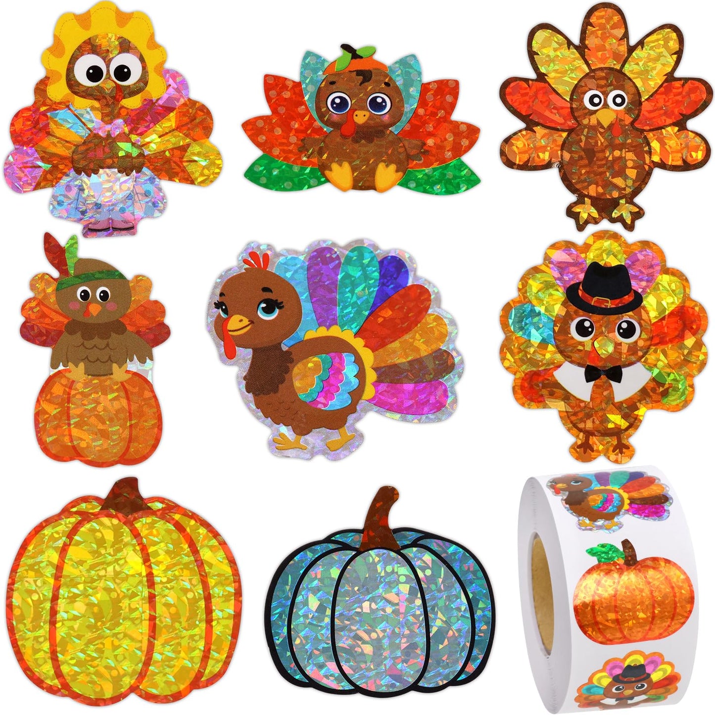 ceiba tree Fall Pumpkin Stickers for Kids Thanksgiving Glitter Turkey Holographic Stickers 1 Roll 500PCS Harvest Decor Decoratio