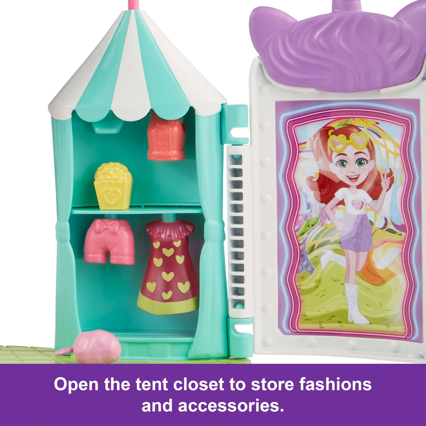 Polly Pocket Doll & Playset, Tropical Treats Carnival Food-Themed Toy Includes 3-Inch Doll, 1 Puppy, 10 Accessories & Spinning F