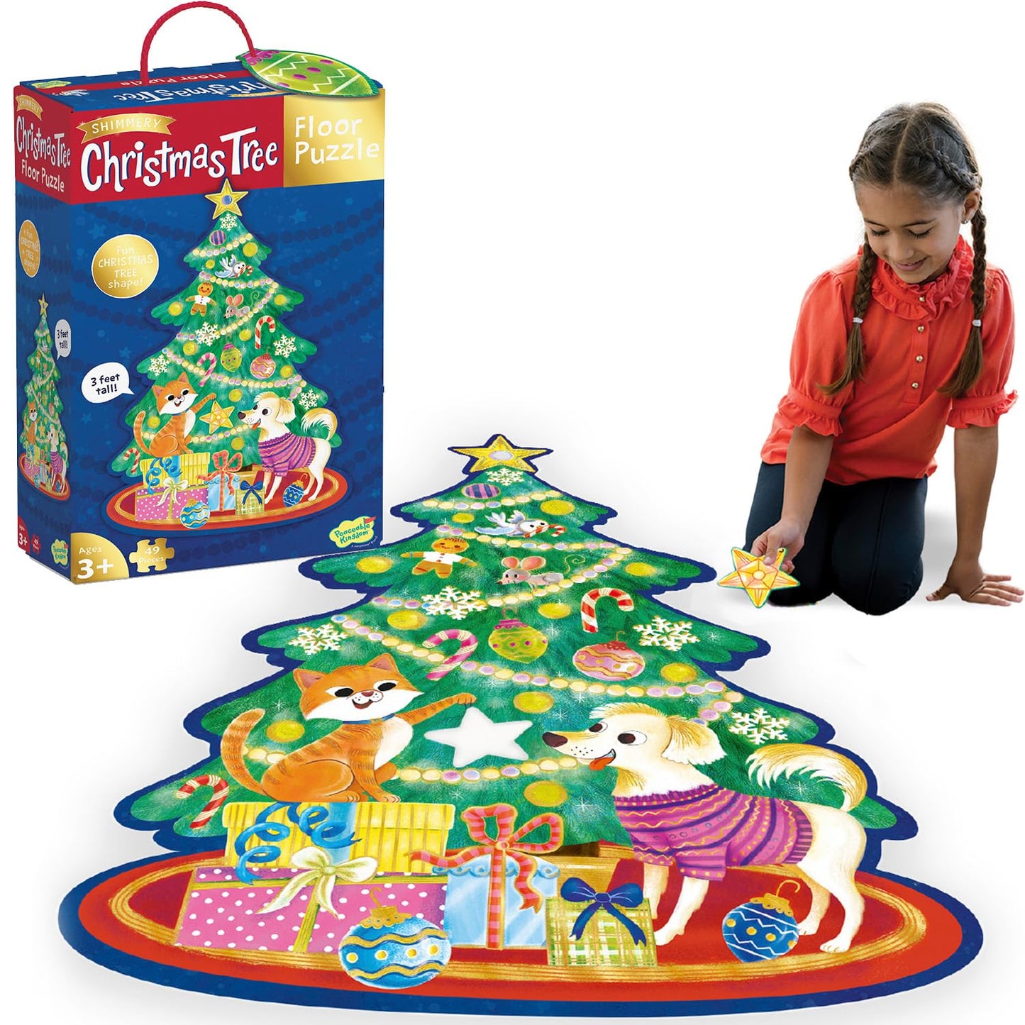 Peaceable Kingdom Shimmery Christmas Tree Floor Puzzle – Giant Floor Puzzle For Kids Ages 3 & Up – Fun-Shaped Puzzle Pieces – Great For Classrooms