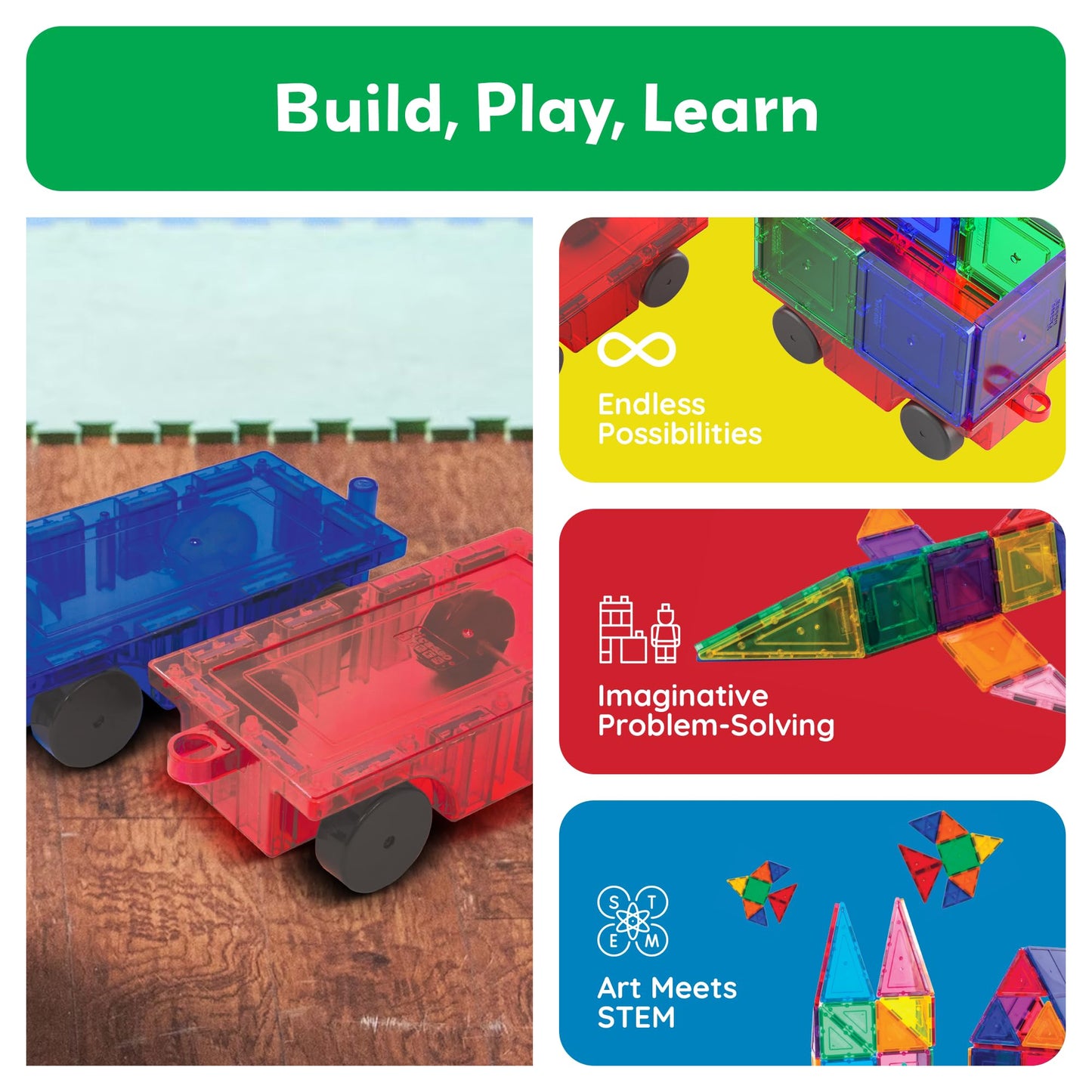 Picassotiles 2 Piece Car Truck Construction Kit Toy Set Vehicle For Magnetic Blocks Building Tile Sensory Magnet Toys With Re-En