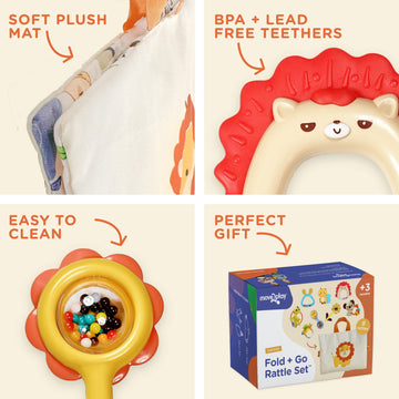 Move2Play, 8 Piece Baby Rattle And Tummy Time Mat Set | Rattling And Silicone Teething Toys | Babies Toy 3-6 Months | 3, 4, 5, 6 Month Old Must Have | Infant Gifts For Boys And Girls