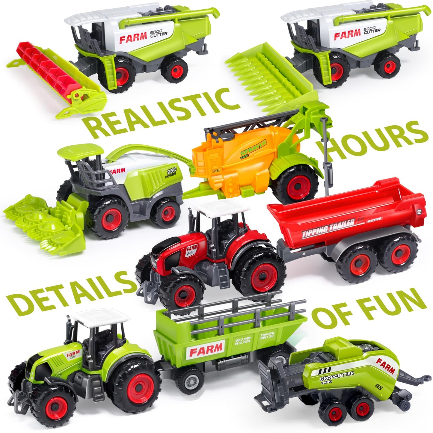 Oriate Farm Tractor Set, 34-Piece Die Cast Vehicle Playset, Large 4.8" Toys with Farm Mat, Metal, Model SQ80204