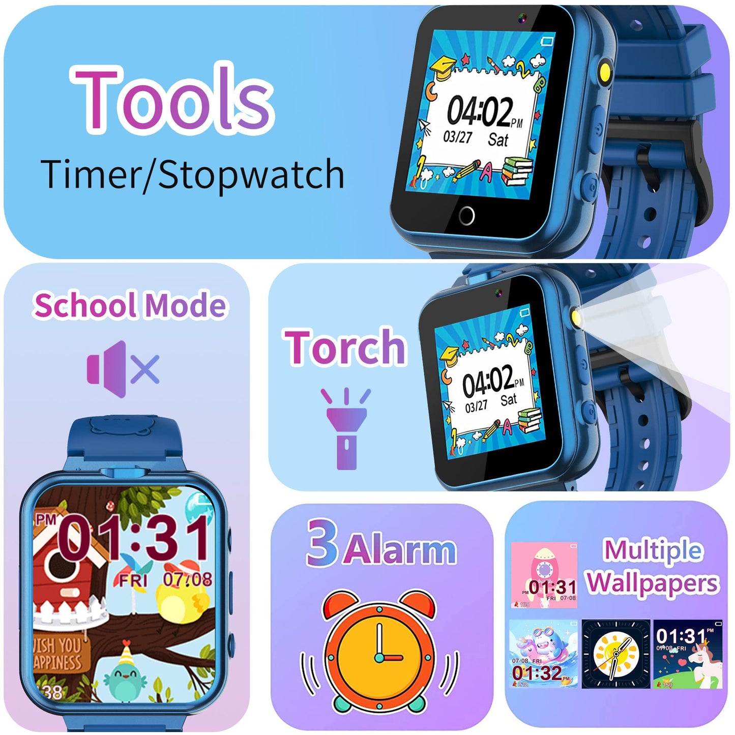 Hewitto Smart Watch For Kids - Kids Smart Watch Boys Christmas Birthday Gifts With 2 Camera 24 Games Pedometer Music Player Alar