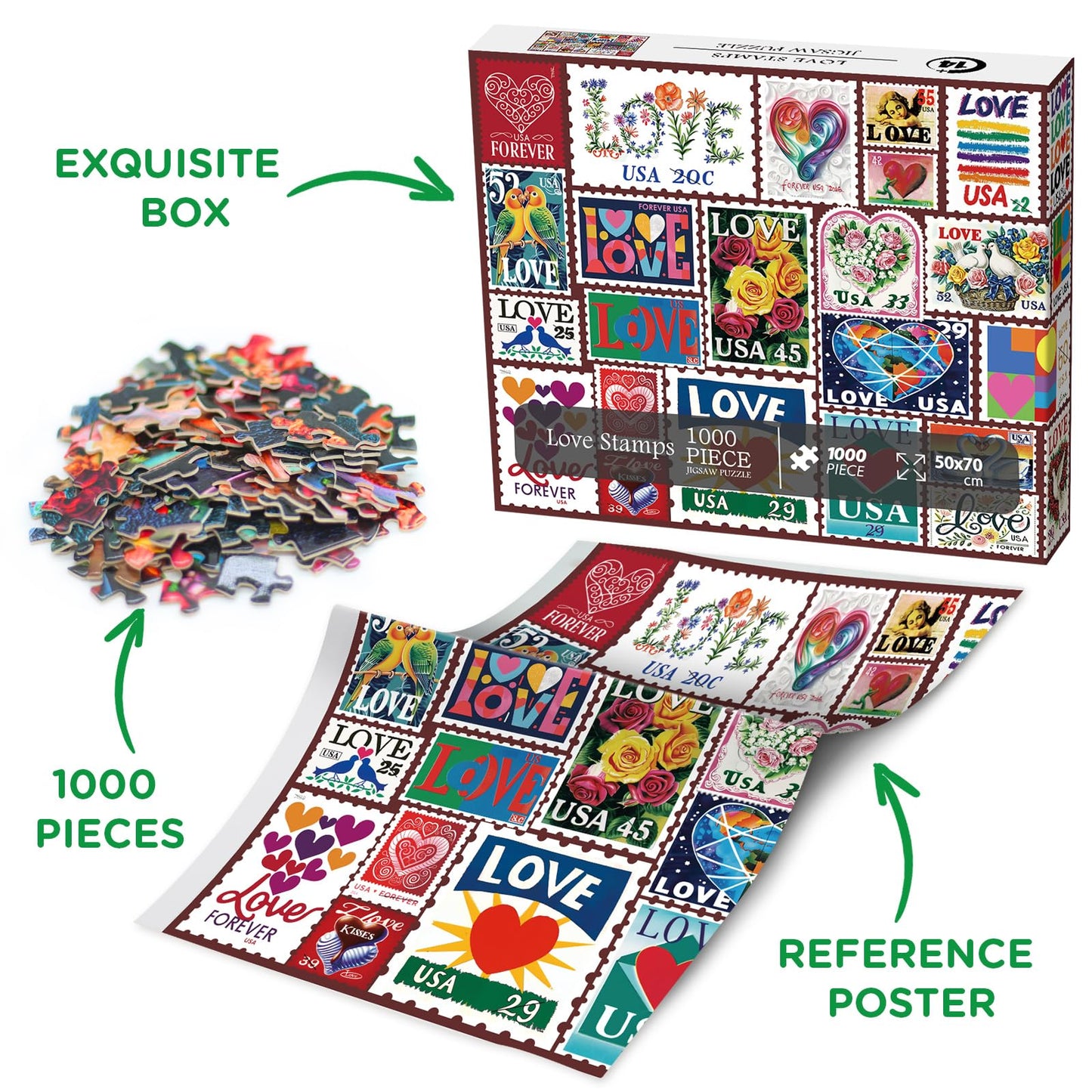 Love Heart Stamps Puzzles 1000 Pieces For Adults, Colorful Valentines Jigsaw Puzzle, Romantic Collage Puzzles For Father'S Day A