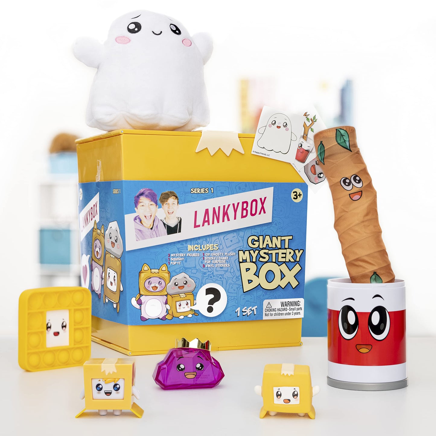 Lankybox Giant Mystery Box: Wearable Boxy Case, 2 Figures, One 6” Glow-In-The-Dark Plush, A Squishy , Pop-It Fidget Toy, Canny With Pop-Out Sticky, And 3 Stickers