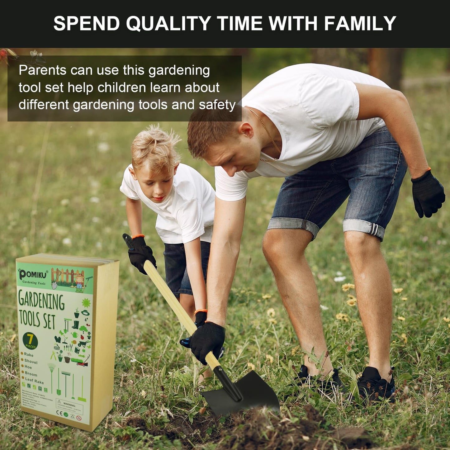 Pomiku Kids Garden Tools, Rake And Shovel Set, 7 Pieces Gardening Tools For Yard, Beach, Camping Play, Outside Toys For Kids Age