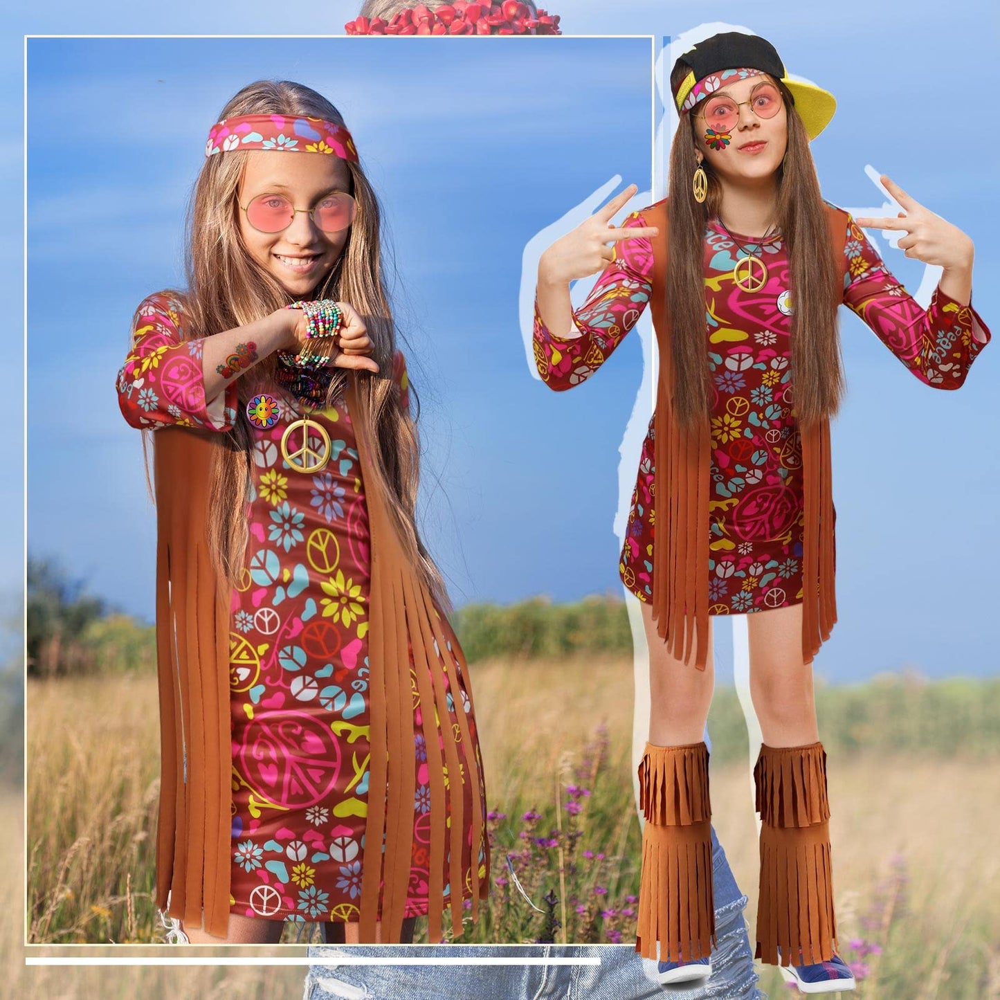 Kathfly 18 Pcs Hippie Costume For Girls Kids 70S 60S Outfits Set Hippie Dress Fringe Vest Party Accessories For Carnival Halloween(L)