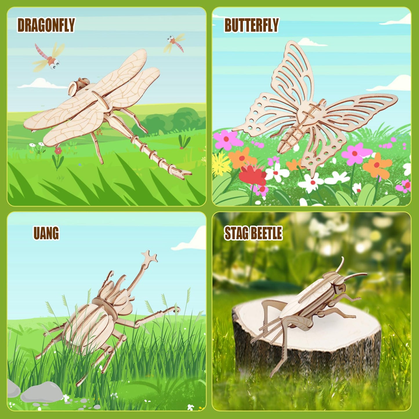 Elx Wooden 3D Puzzles For Kids 6+, 8 Piece Set Insect Animal Wooden Models, Wood Building Kits Diy Wooden Crafts Stem Toys Peres