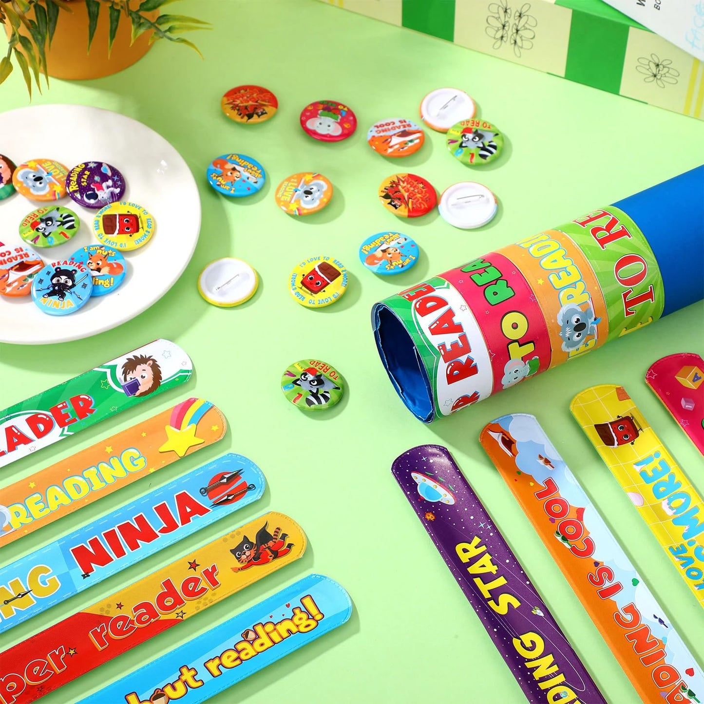 Frienda 60 Pcs Love to Read Slap Bracelets with Button Pins Reading Bracelets Badges for Classroom Teacher Rewards Prize Sunday