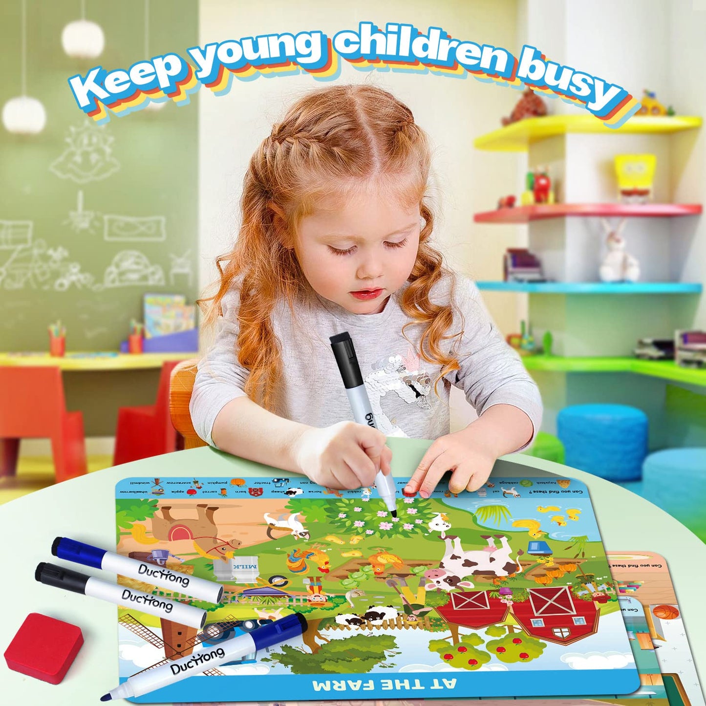 Search And Find Book For Kids Ages 4-6,3-8, Preschool Learning Toys With 4 Dry Erase Markers 12 Themes Activity Mats, Educationa