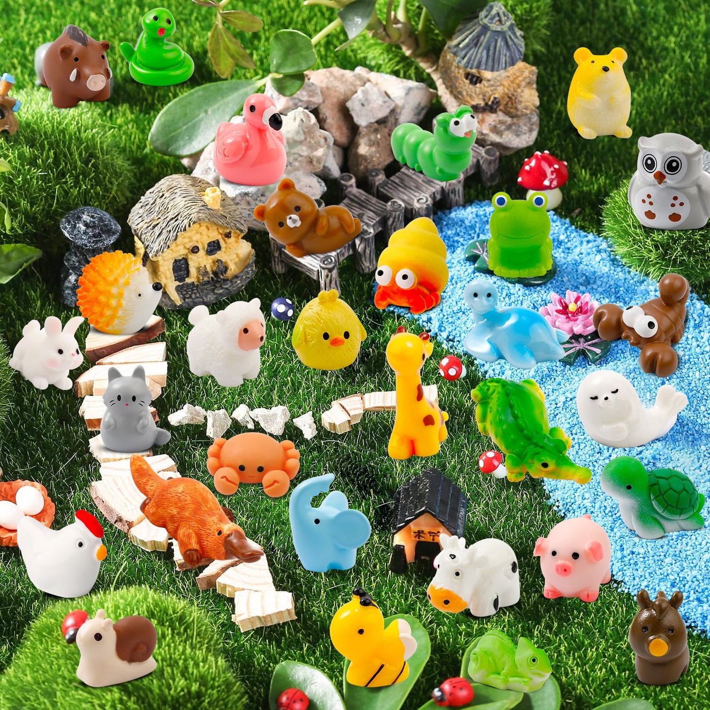 42 Pcs Mini Resin Animals 42 Styles Resin Animals Figurines Bulk for Fairy Garden Miniature Dollhouse Accessories Hide Crafts De