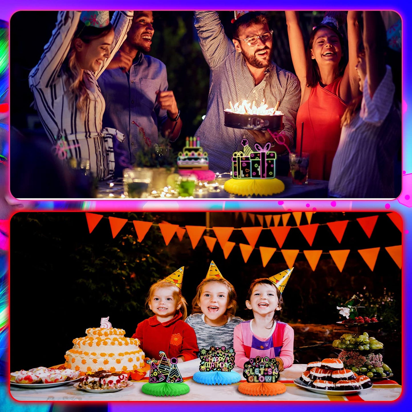 Chinco 6 Pcs Glow Party Birthday Centerpieces Neon Birthday Decorations Honeycomb Birthday Centerpieces Neon Centerpieces For Tables Neon Birthday Party Supplies(Classic)