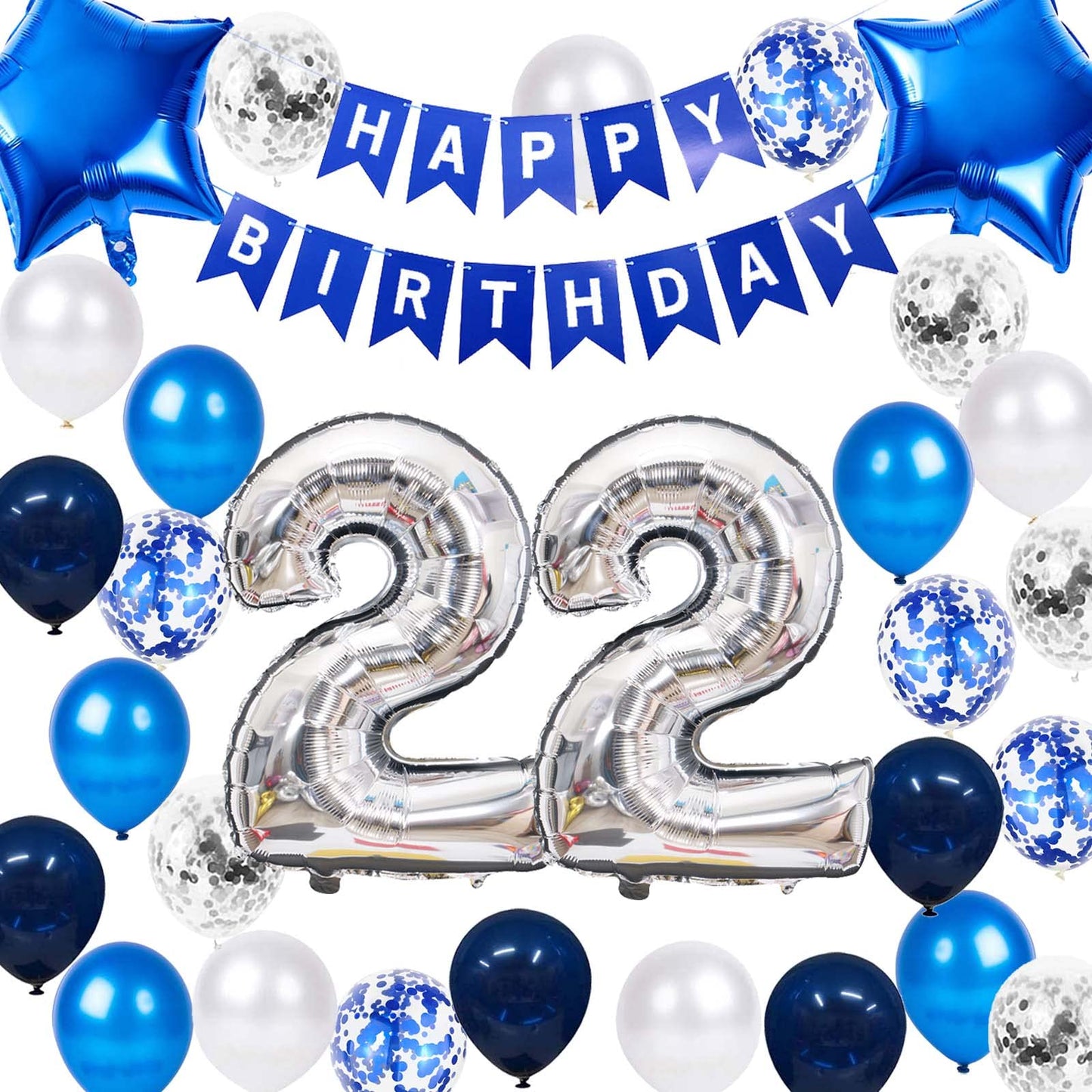 22Nd Birthday Party Decoration Blue For Him, Happy Birthday Banner Blue Number 22 Birthday Star Foil Balloons Latex Confetti Bal
