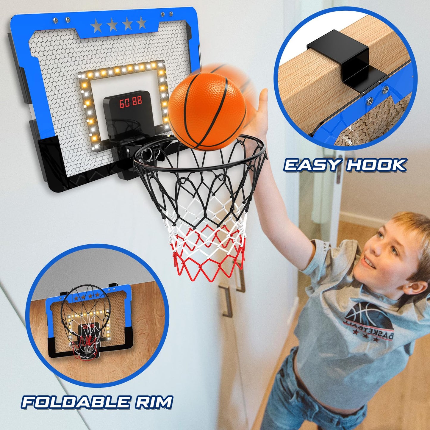 Indoor Basketball Hoop For Kids, Mini Basketball Hoop With Double Electronic Scoreboard And Led Light, Over The Door Basketball Gifts Toys For 5 6 7 8 9 10 11 12 Year Old Boys (East Blue)