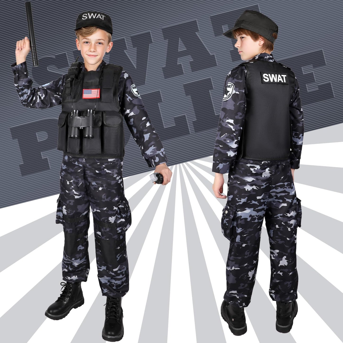 Luucio SWAT Police Costume for Kids Kids Police Officer Costume for Boys with SWAT Vest Toddler Halloween Costumes for Boys Girls Role Play Kit