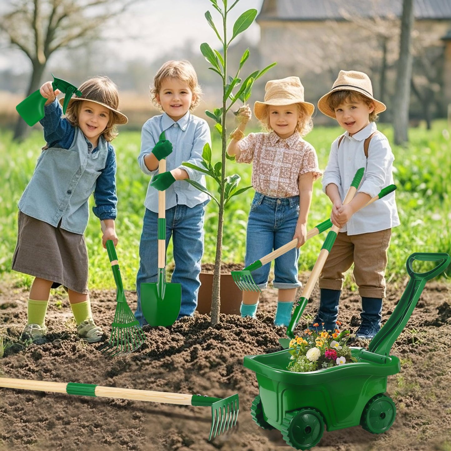 Duckura Kids Gardening Tools Set - 7Pcs Wheelbarrow Set For Kids With Shovel, Rake, Leaf Rake, Summer Outdoor Yard Digging Weed Toys, Easter Birthday Gifts For Boys Girls Age 3 4 5 Years Old(Green)
