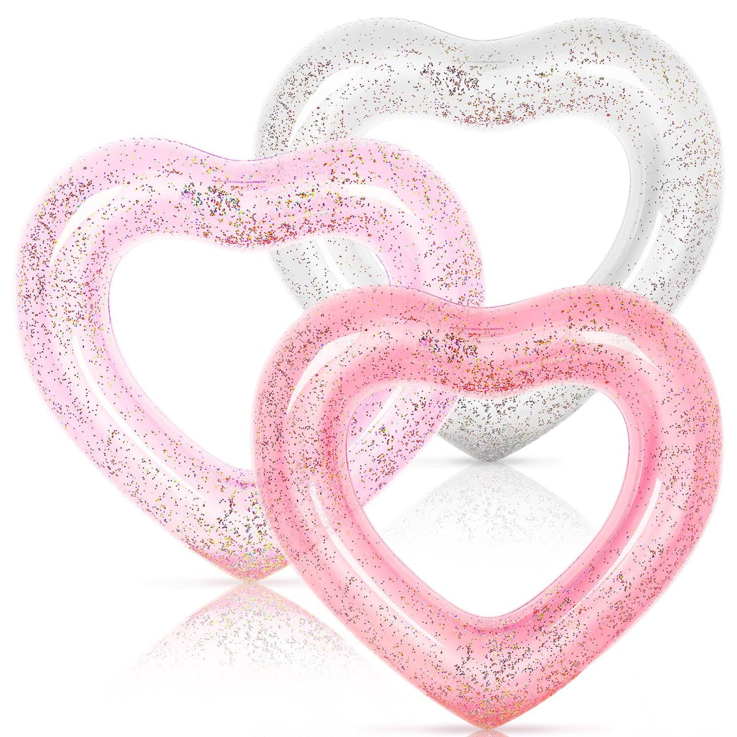 Whaline 3Pcs Inflatable Heart Pool Float With Glitter Inside Rose Gold Pink White Swim Heart Shaped Pool Rings Float Loungers Tube For Summer Swimming Pool Beach Bachelorette Party, 47.3 X 39.4 Inch