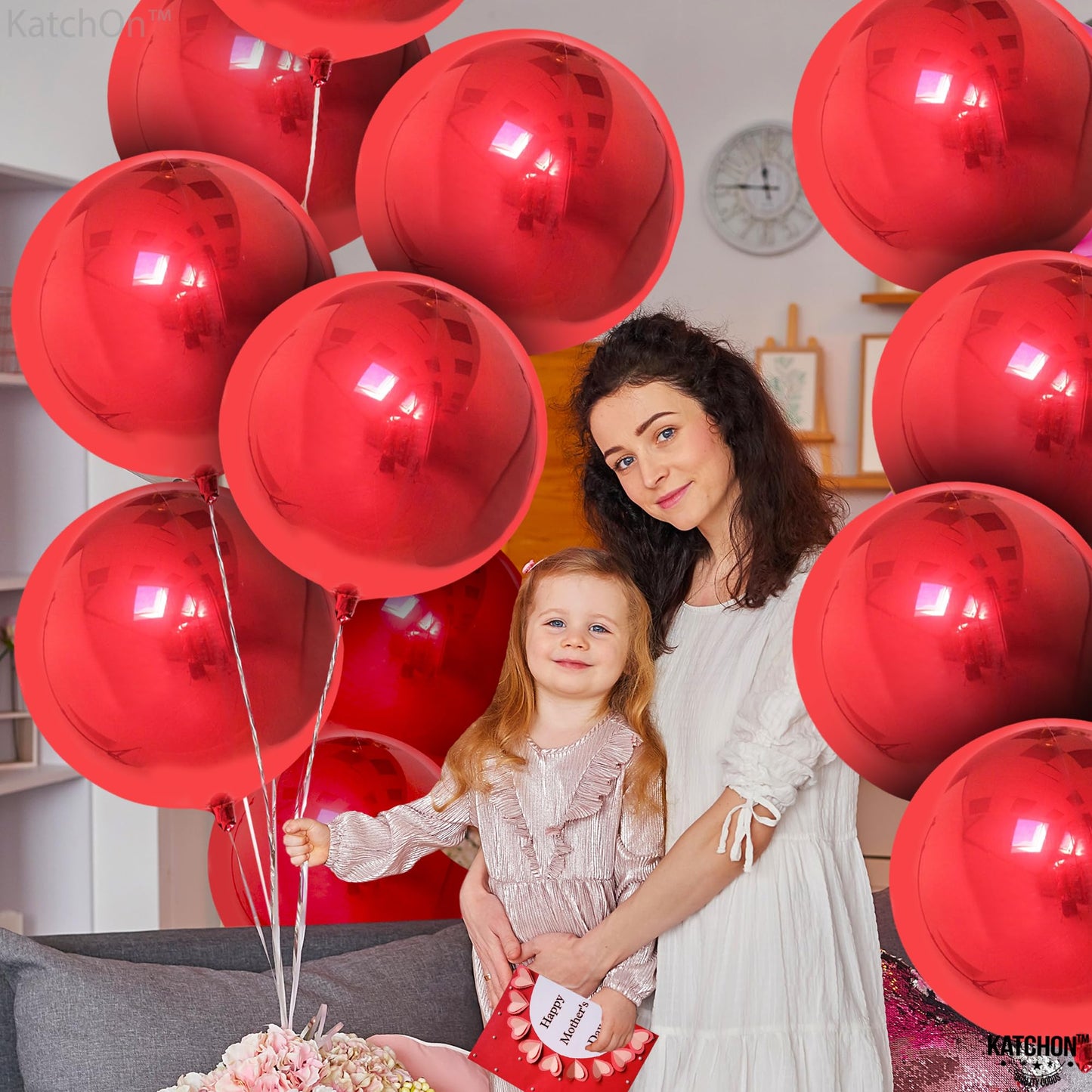 Katchon, Metallic Red Balloons -Big 22 Inch, 12 Pieces | 4D Sphere Red Metallic Balloons, Valentines Day Decorations, Red Party Decorations | Red Foil Balloons, Red Mylar Balloons, Valentines Balloons