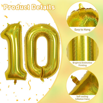 10Th Birthday Balloons For Boys, Large Laser Gold Foil Number 10 Balloons, 40'' Self Inflating Helium Balloons Anniversary Party