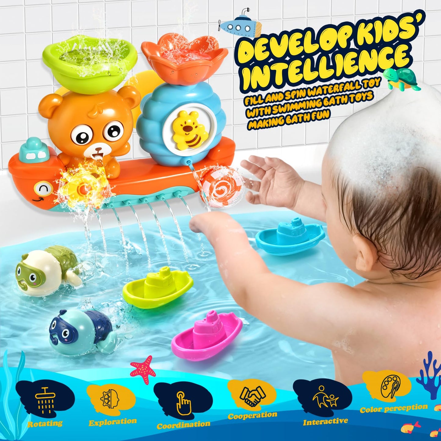 Baby Bath Toys Toddlers 1-3 Bear Kids Bath Tub Toys With 2 Turtle Swimming Wind Up Water Toys & 3 Floating Boat Bathtub Toys For Infants Boys Girls 18+ Months Gifts Box Set