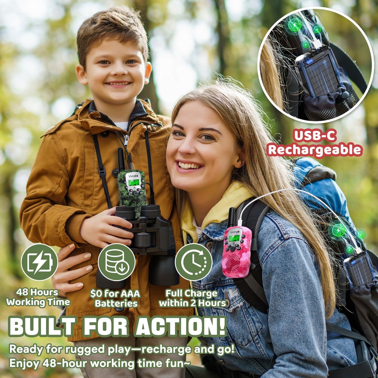 Vvinca Walkie Talkies For Kids Rechargeable 2 Pack, Army Toys For Boys Girls Ages 3-13 Outdoor Military Camping Toy, 3Km Long Ra