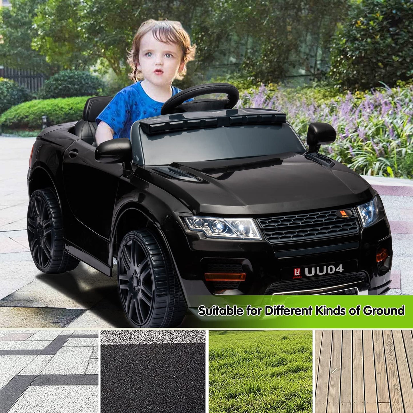 u URideon 12V Ride on Car, Battery Powered Electric Cars for Kids,Remote Control, Music,Black