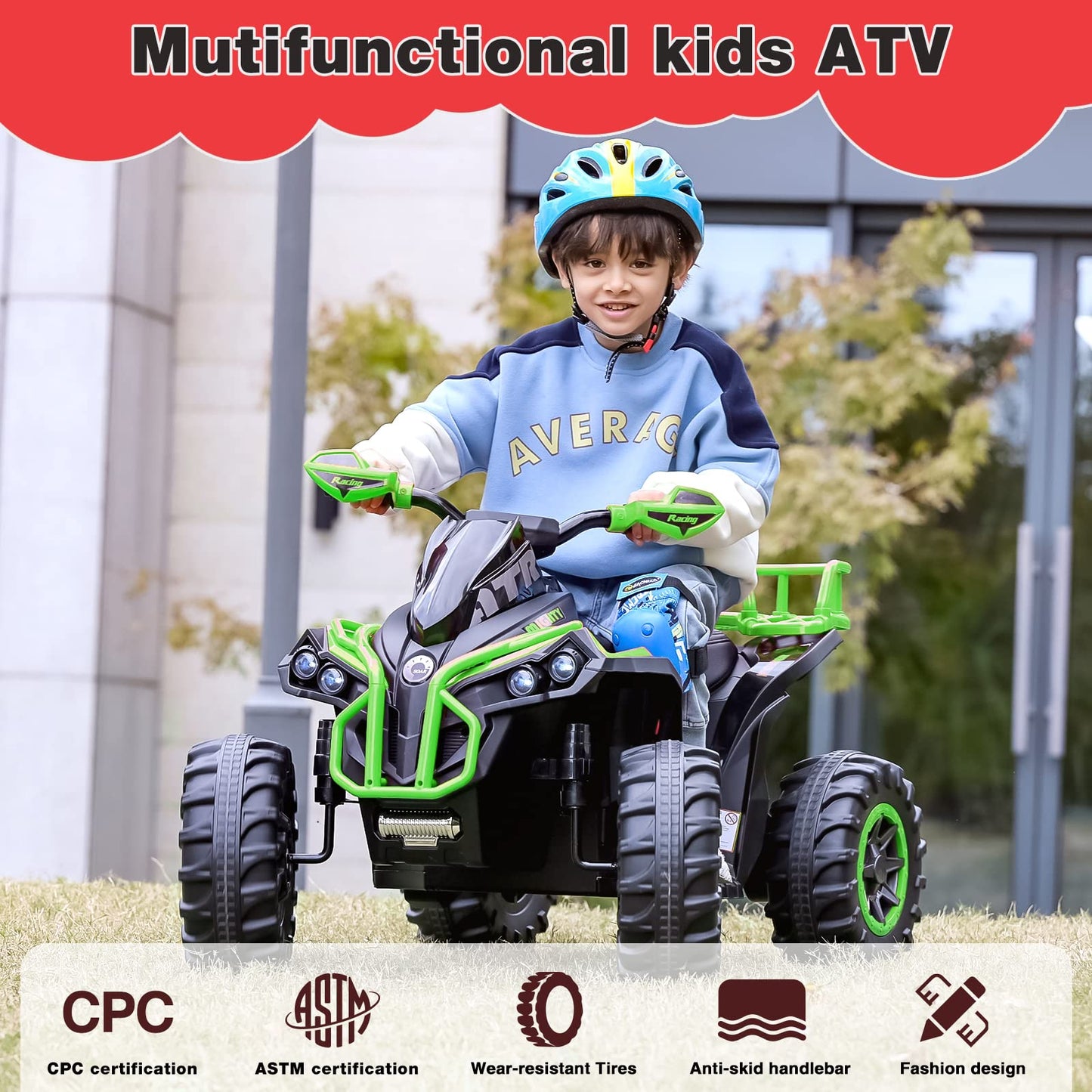 Soar Four Wheeler For Kids - Electirc Toddler 4 Wheeler For Kids 3-6, Ride On Atv 12V Battery Powered, Kids Quad With Led Lights, Music, High Low Speed, Usb/Tf, Treaded Tires, Green