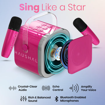 HAUSHALT Mini Karaoke Machine for mature-themeds Kids Teen with 2 Wireless Microphones Birthday Gift Girls 8-12 Toys for Ages 5-7 Small Portable Bluetooth Speaker Mini Microphone Teens Car Singing Mic