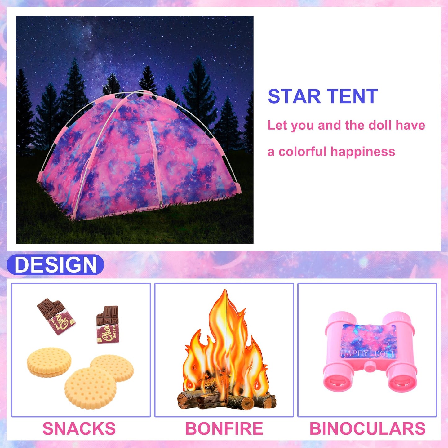Ecore Fun 11 Items 18 Inch Girl Dolls Camping Tent Set And Accessories Including 18 Inch Doll Camping Tent Clothes Set Campfire Chocolate Biscuit Binoculars Etc