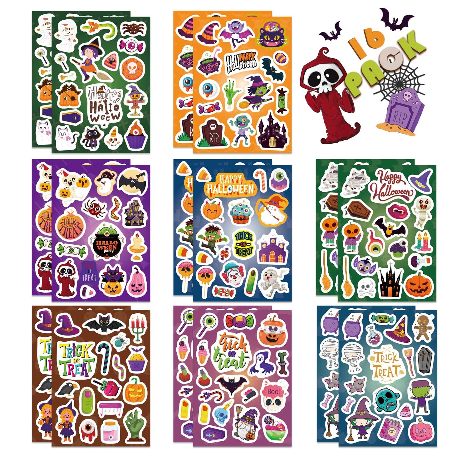 16 Sheets Halloween Stickers For Kids Halloween Theme Stickers Non-Repeating,Halloween Goodie Bag Fillers Halloween Party Favors