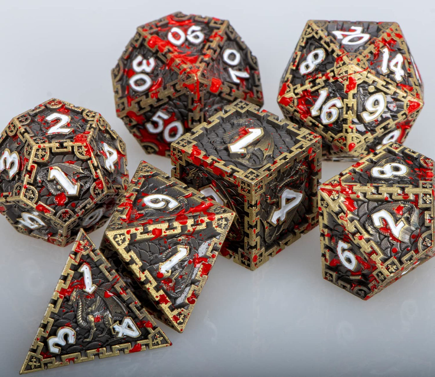 ARUOHHA Metal Blood D&D Dice Bronze Dragon Design DND Dice with Gift Box, D + D Large Polyhedral Dice for Dungeons and Dragons R