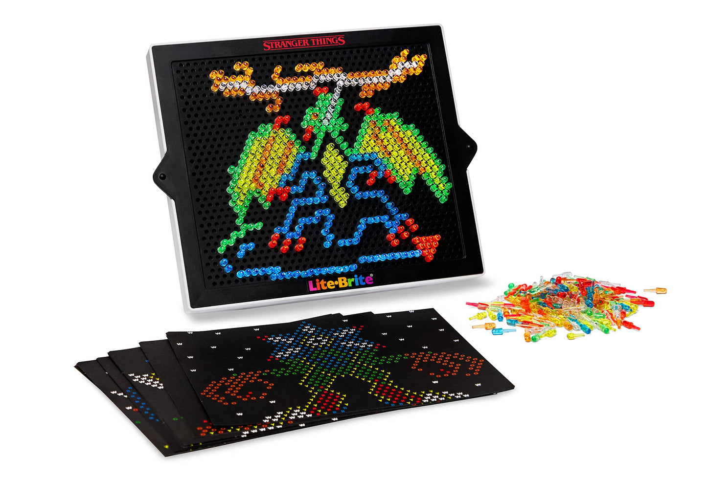 Lite Brite Stranger Things Special Edition - Best Of 4 Seasons - Featuring Icons & Themes From The Netflix Series Includes High Definition Grid, 12 Hd Templates, 650 Colorful Mini Pegs, Fans 14+