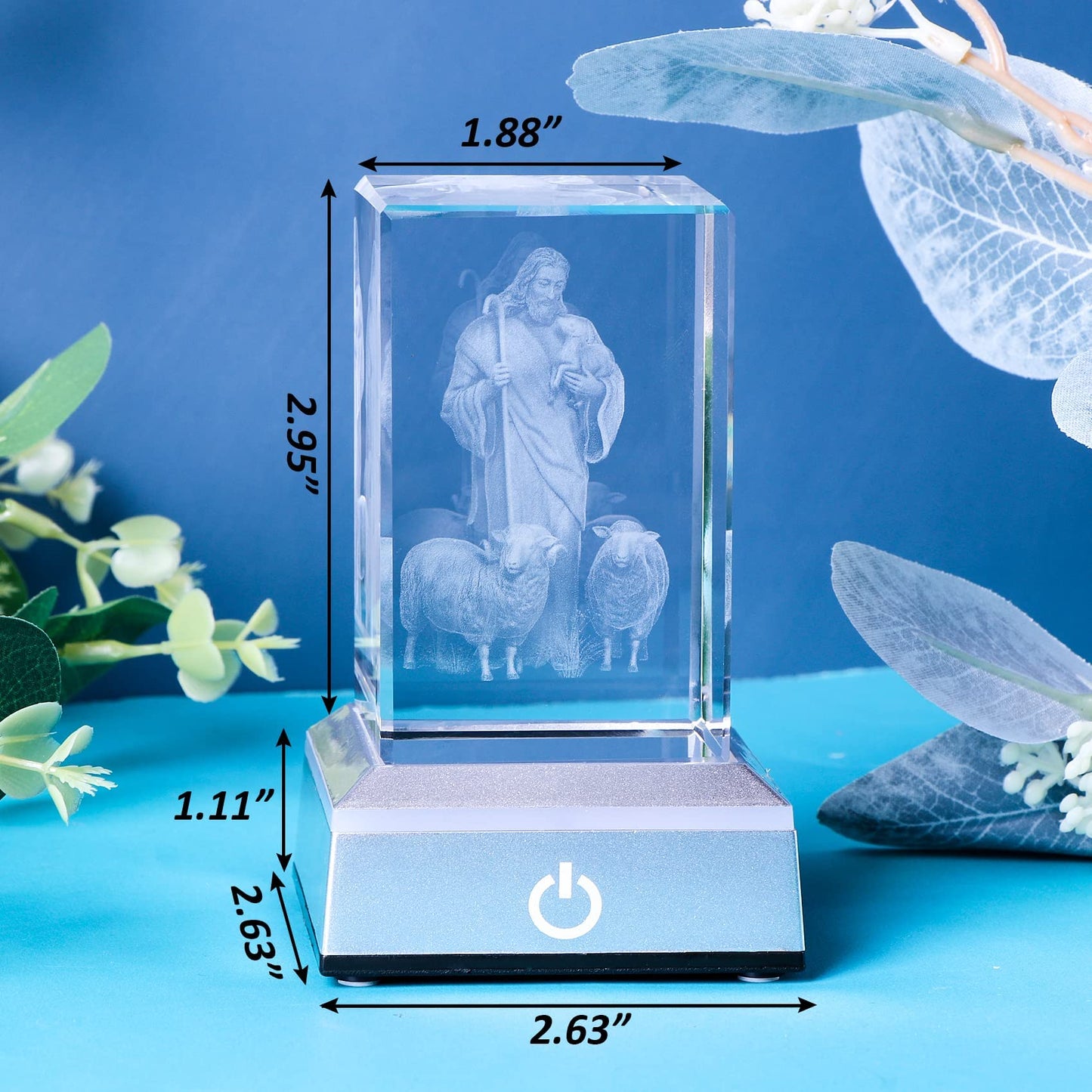 Ywhl 3D Crystal Good Shepherd Statue With Colorful Base Laser Engraved Jesus Figurine For Religious Gifts For Women Men On Chris