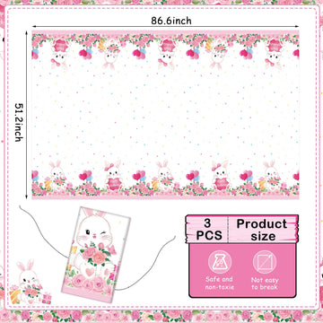 3 Pcs Easter Bunny Party Supplies Tablecloth Bunny Plastic Table Covers Floral Pastel Table Cloth Bunny Themed Birthday Decorati