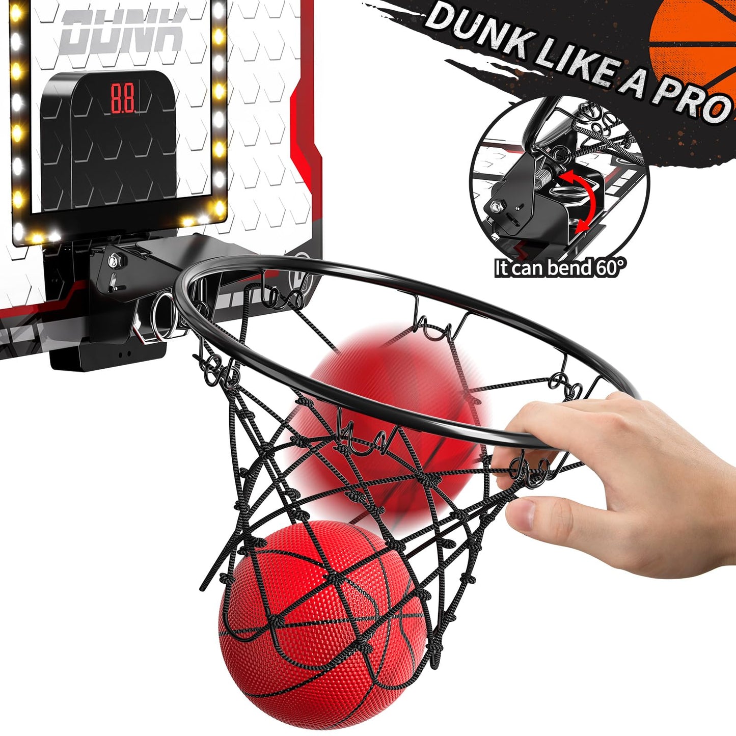 Temi Basketball Hoop Indoor, Led Light Mini Basketball Hoop With 4 Balls & Electronic Scoreboard, Over The Door Basketball Hoop, Basketball Gifts For 5 6 7 8 9 10 11 12 Year Old Boys Girls Kids Teen