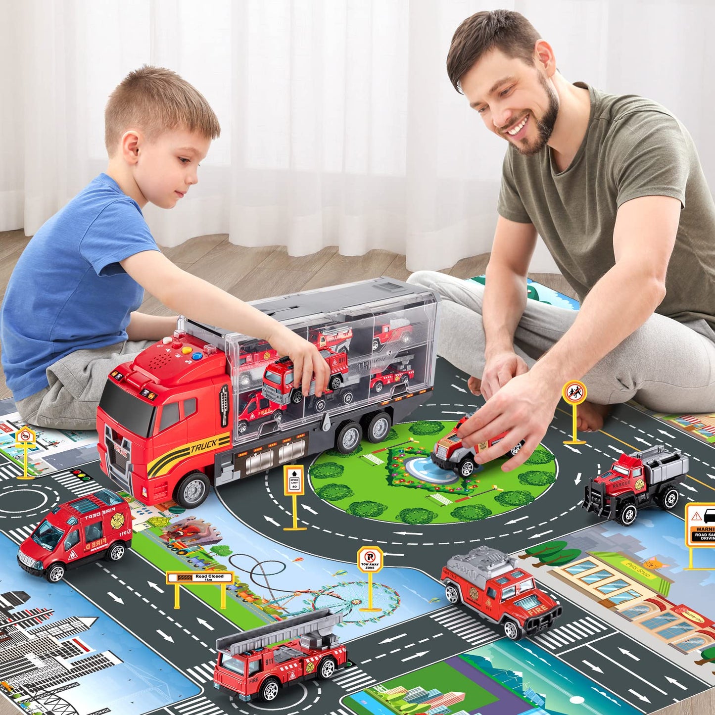 Temi Toddler Toys For 3 4 5 6 Years Old Boys, Die-Cast, Alloy Metal Emergency Fire Rescue Vehicle Transport Car / Truck Toys Set W/Play Mat For Age 3-9 Toddlers Kids Boys & Girls