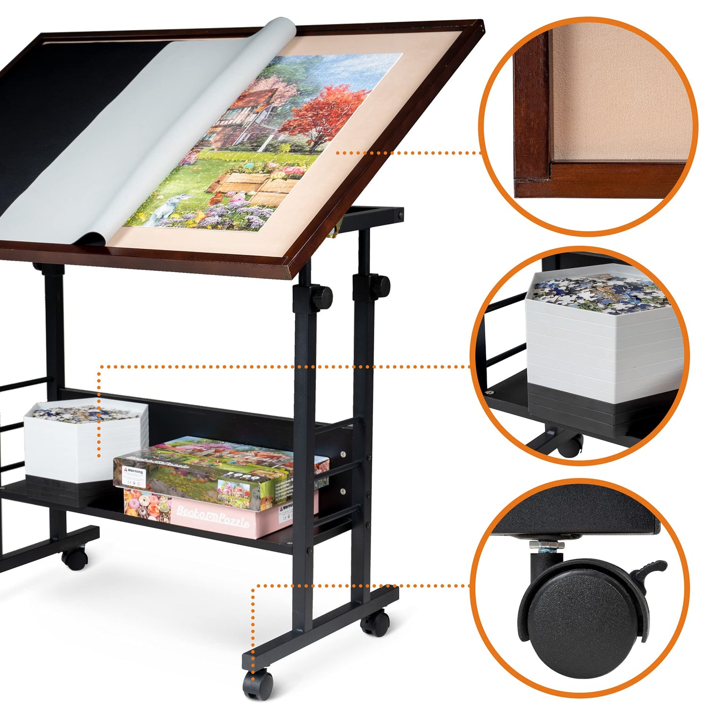 Becko Us Tilting Puzzle Table With Cover Mat, Jigsaw Puzzle Board With 5 Tilt Angle & Height Adjustment, Portable & Movable Tables With Storage For Adults, Easy To Move, For 1500 Piece Jigsaw Puzzles