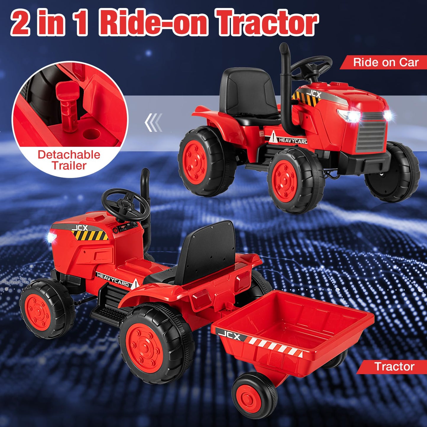 Costzon 2-In-1 Ride On Tractor, 12V Kids Ride On Car W/Detachable Trailer, Remote Control, Wireless Connection, Horn, Music/Lights/Spring Suspensions, Tractor Toys For Kids (Plastic Tires, Red)