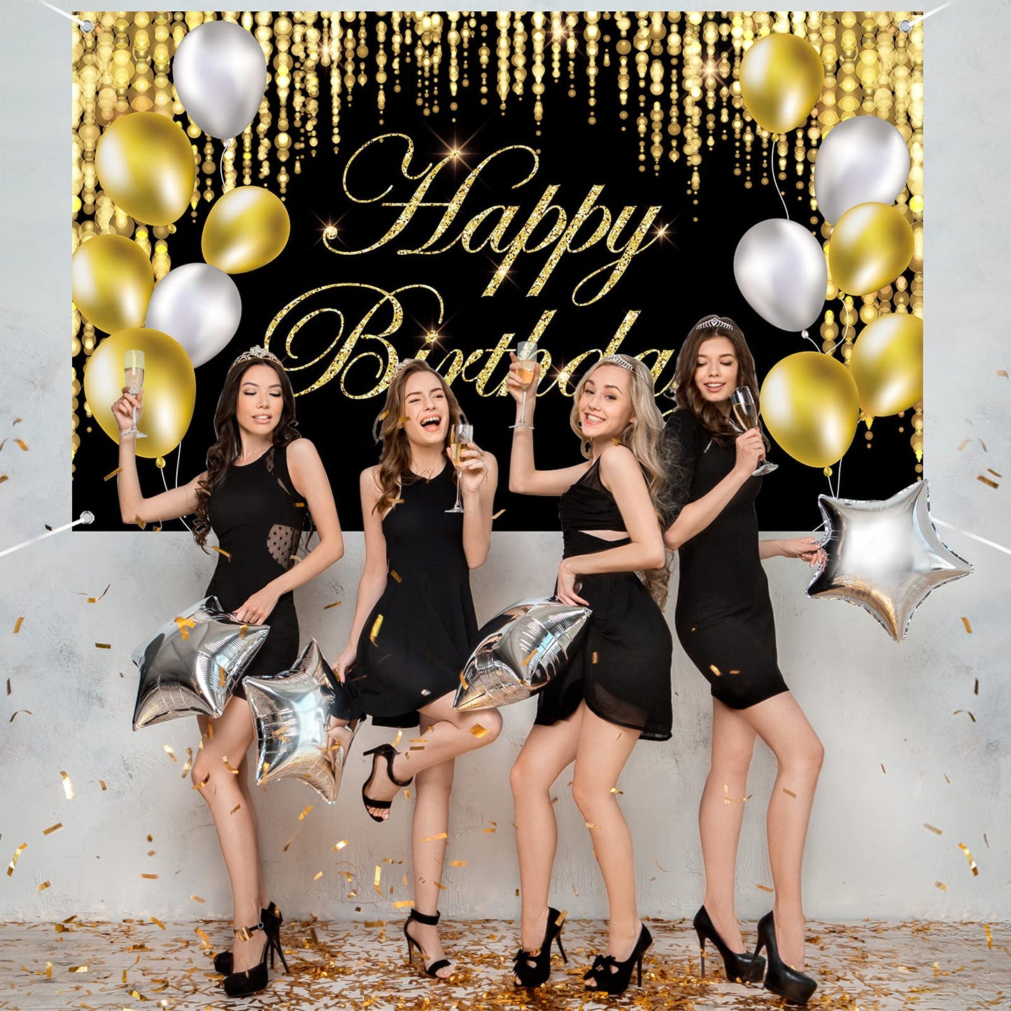 Black Gold Happy Birthday Banner Backdrop Large Happy Birthday Yard Sign Backgroud It'S My Birthday Backdrop Baby Shower Party Indoor Outdoor Car Decoration Supplies For Men Women Boys Girls