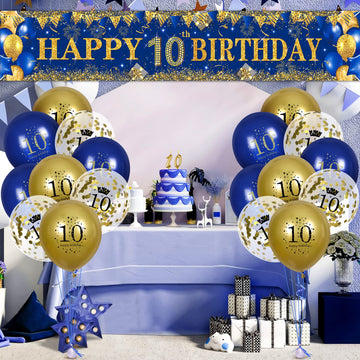 10Th Birthday Decorations For Little Kids Boys Girls Blue And Gold, Navy Blue Gold Birthday Party Yard Banner 18Pc Happy Birthday Balloon For 10Th Anniversary Birthday Christmas Supplies Outdoor Decor