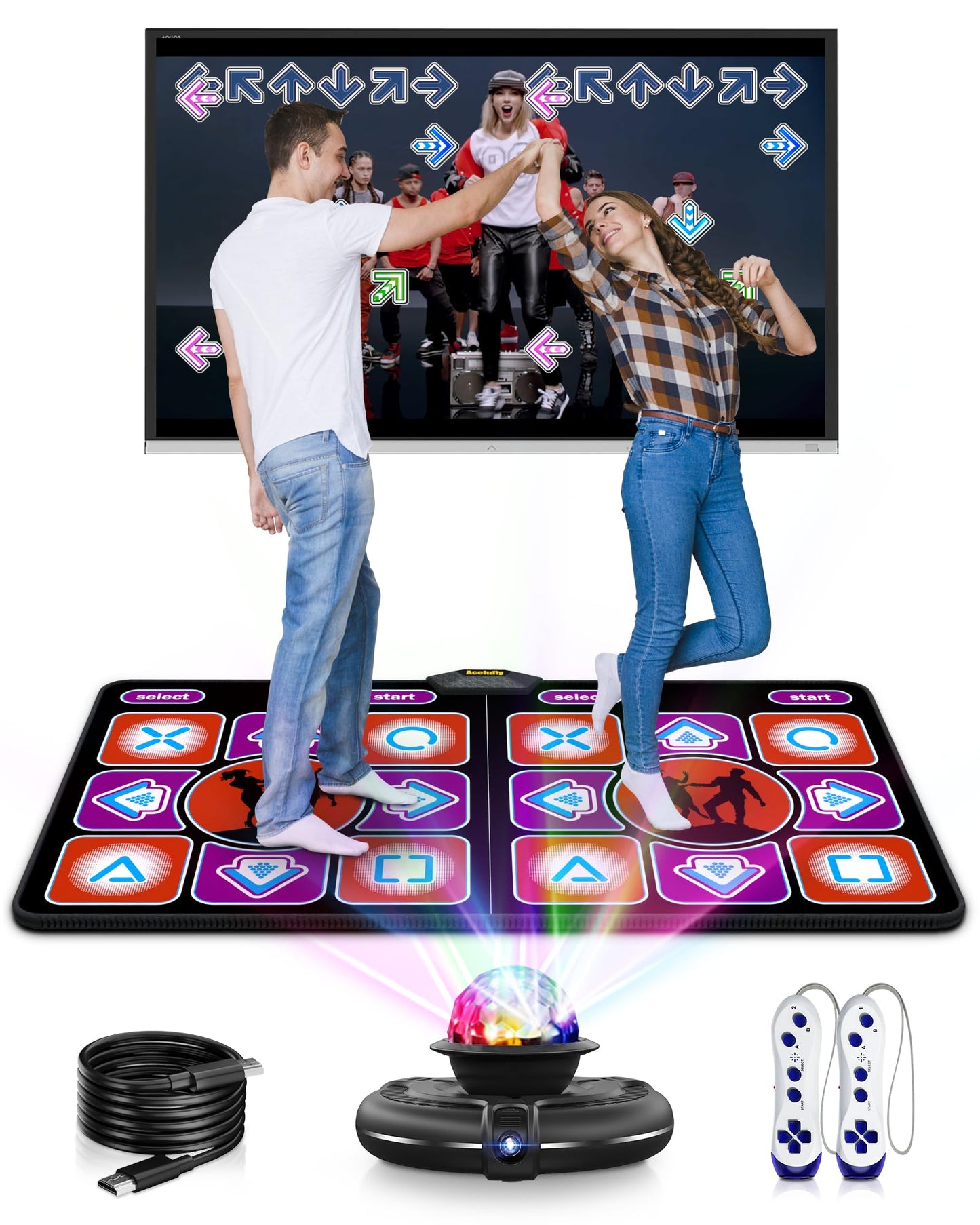 Acelufly Double Dance Mat, Flannel Dance Mat for TV with HD Camera, Dual User Play Mat with Wireless Controller, Non-Slip Dance