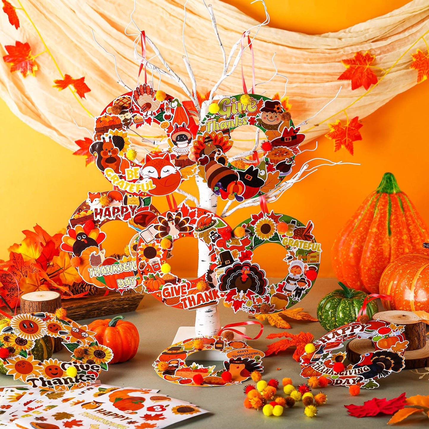 Hollowfly 48 Sets Thanksgiving Wreath Crafts DIY Give Thanks Wreath Hanging Ornaments Make Your Own Paper Grateful Crafts for Fa