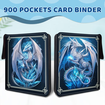 Wazzio 900 Pocket Trading Card Storage Album Card Binder with 50 Durable 9-Pocket Pages Birthday Gifts for Fathers Day Blue Dragon Design on Pocket Card Packs Gifts for Zipper Closure Collector