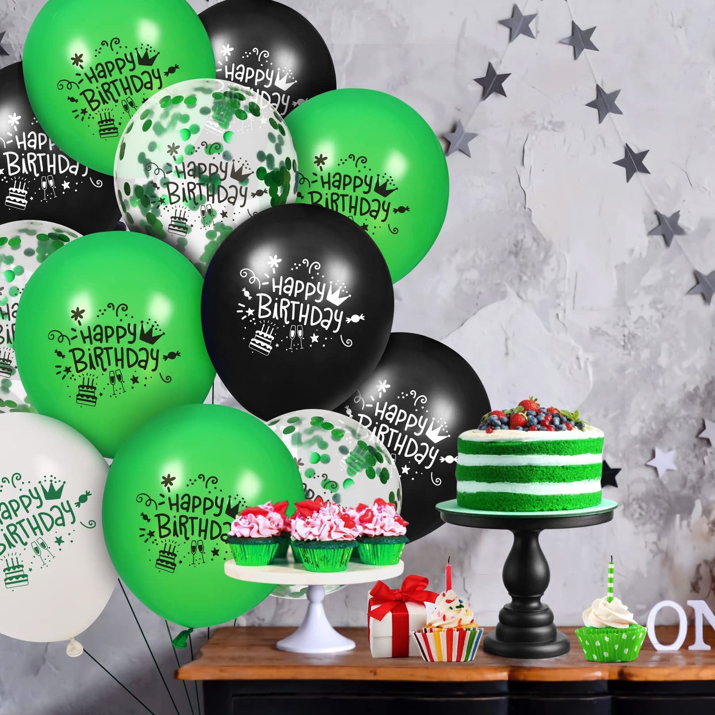 16 Pcs Green Black Confetti Latex Decoration Balloons, 12 Inch Green White Black Happy Birthday Party Balloons For Green Black Jungle Safari Themed Birthday Soccer Football Graduation Party Supplies