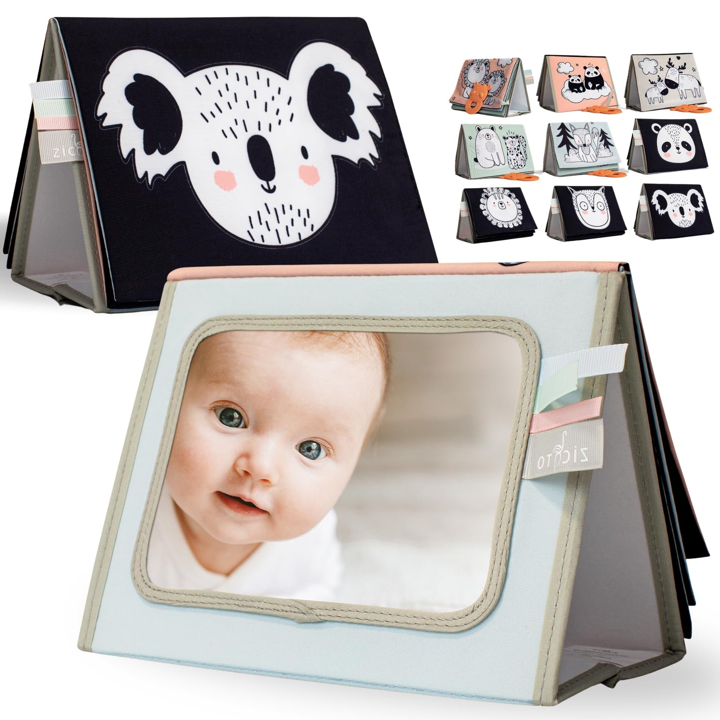 Soft Tummy Time Book W/ Large Stimulating Baby Safe Mirror - Fun High Contrast Montessori Toy W/ Mirror, Crinkle Filling & Silic