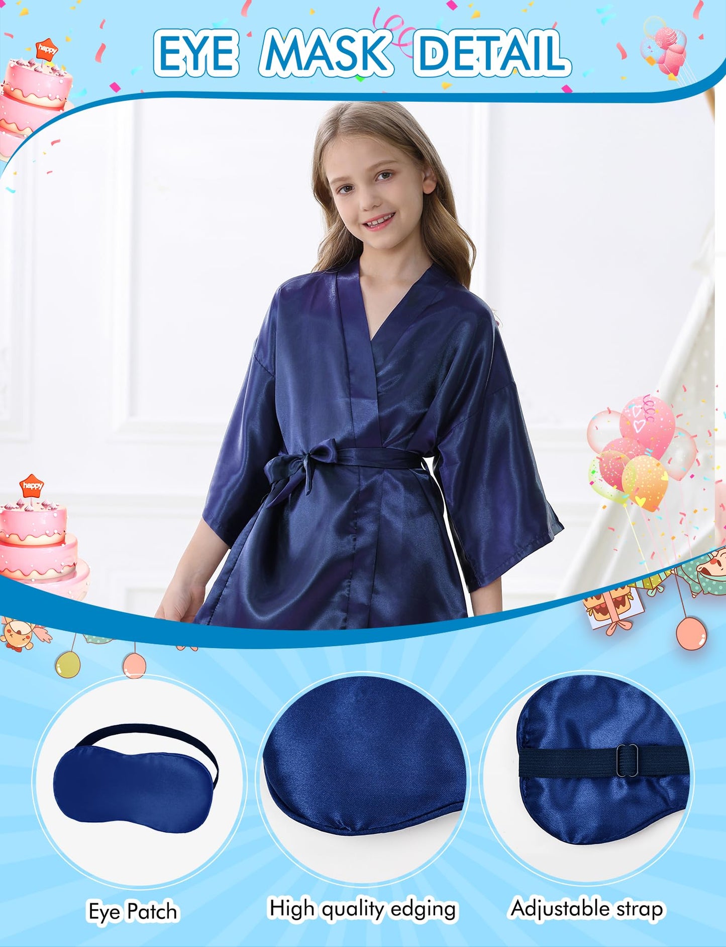 Kid Girls Spa Costume Party Set with Eyemask Hairband Hair Ring Silky Plain Kimono Robes for Wedding Flower Robe (Navy Tag 12)