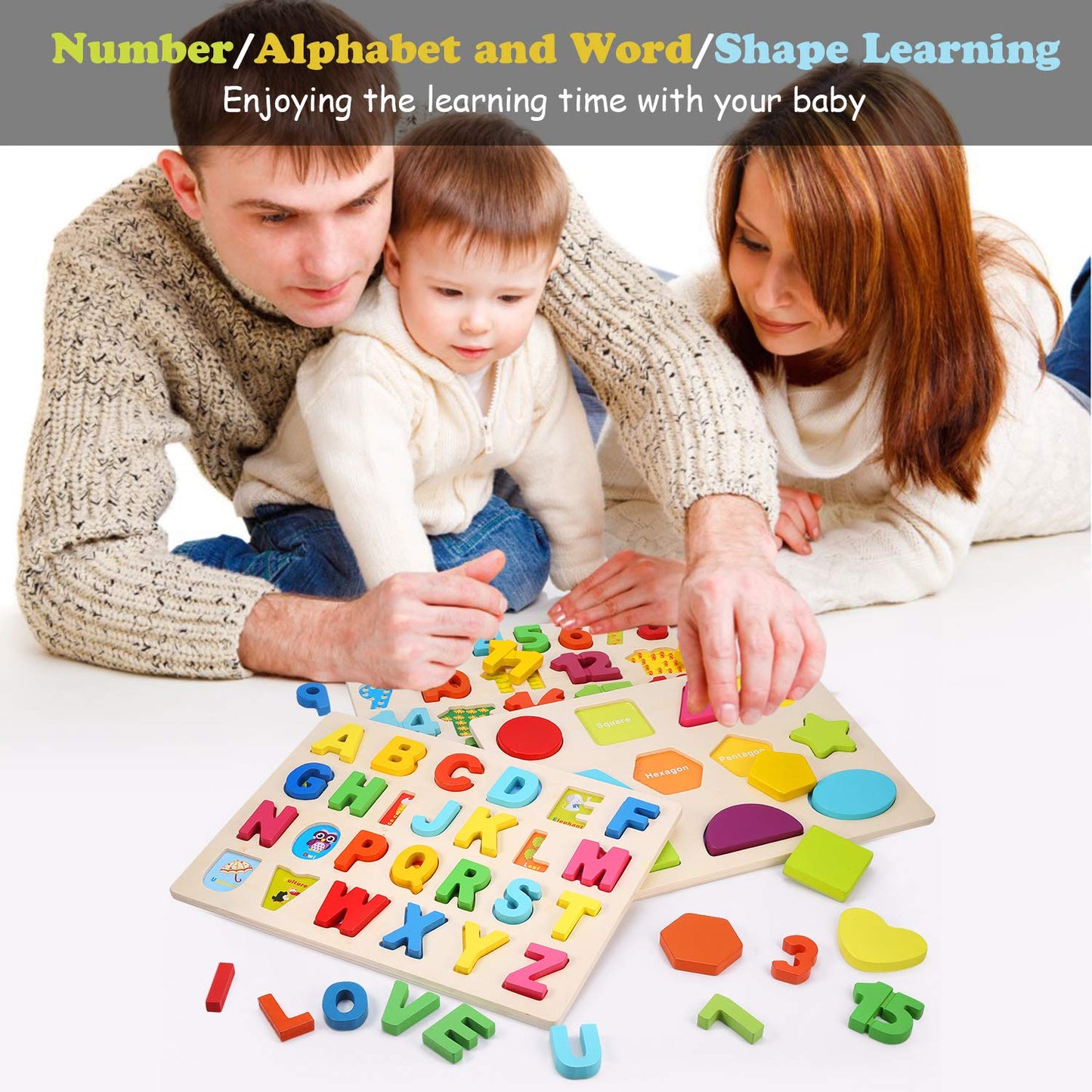 Wooden Puzzles For Toddlers, Voamuw Alphabet Number Shape Learning Puzzle For Kids Ages 3 4 5, Montessori Toys Preschool Education Chunky Jigsaw For Boys And Girls