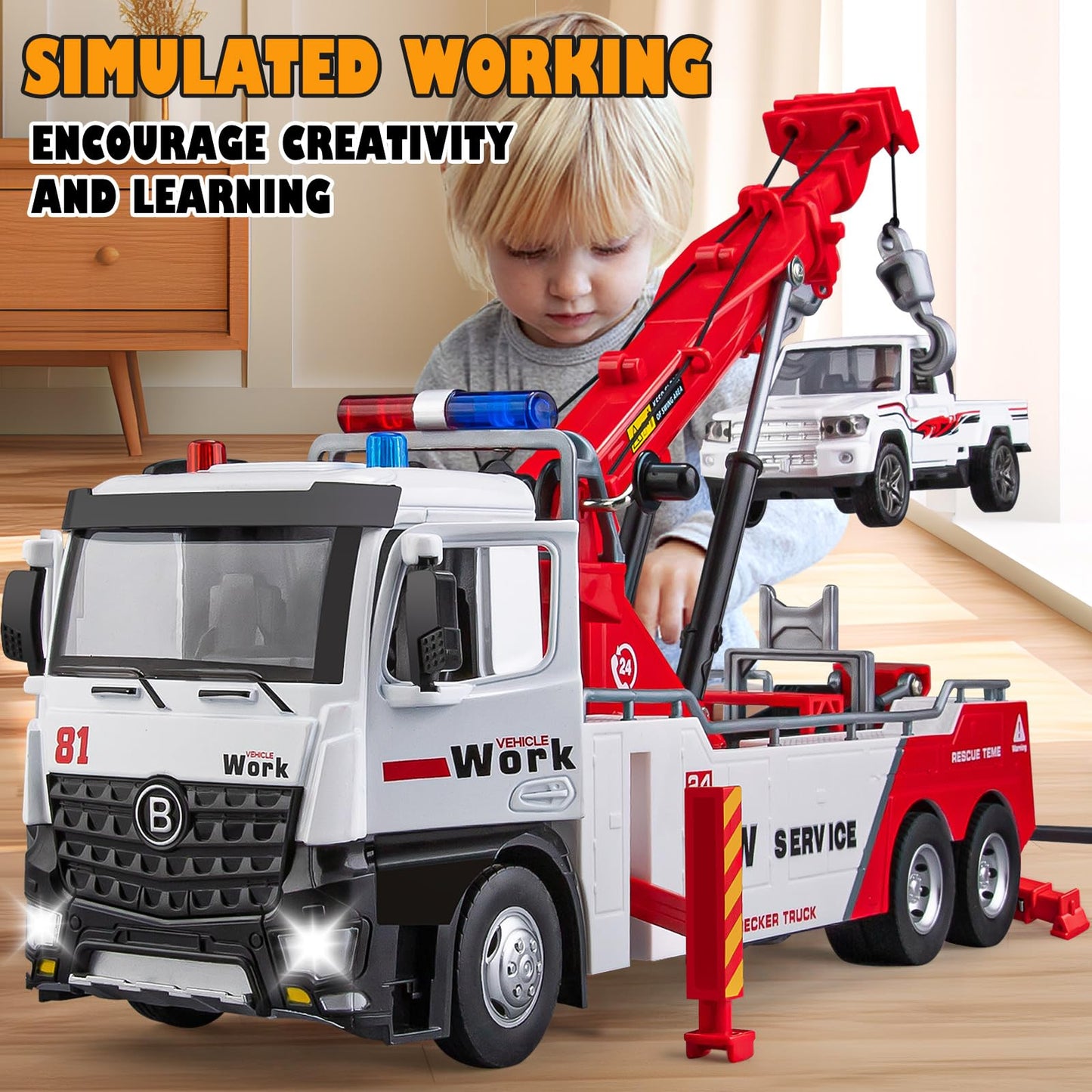 HAPYAD Tow Truck Toy for Boys, Metal Tow Truck with Crane Toy Model, Construction Vehicles with Lights and Sounds, Gift for Kids