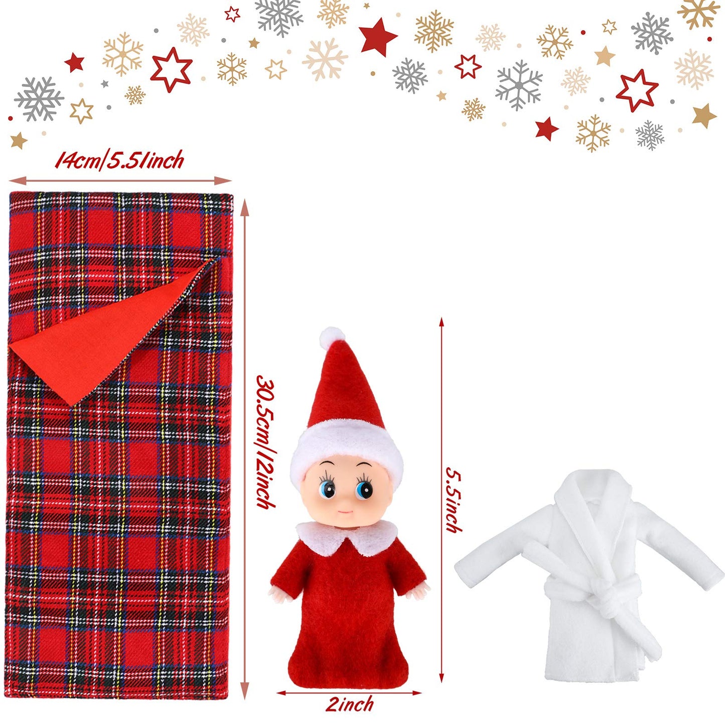 Skylety 2 Pieces Christmas Elf Dolls Baby Twins Red Green And 1 Pieces Christmas Elf Doll Sleeping Bag Red Plaid And 1 Pieces Elf Doll Bathrobe White Xmas Accessories For Elf Dolls